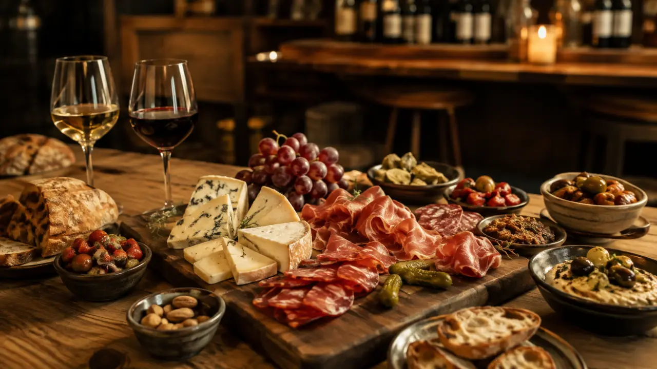 Grande table en bois rustique couverte de planches apéritives, tapas colorés et verres de vin au soleil couchant