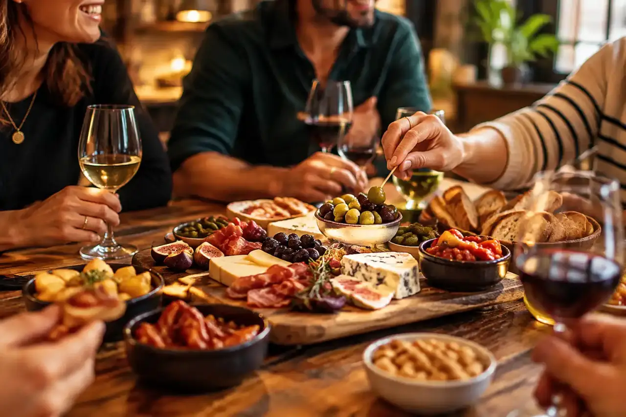 Planche apéritive garnie de fromages, charcuteries, tapas et verres de vin