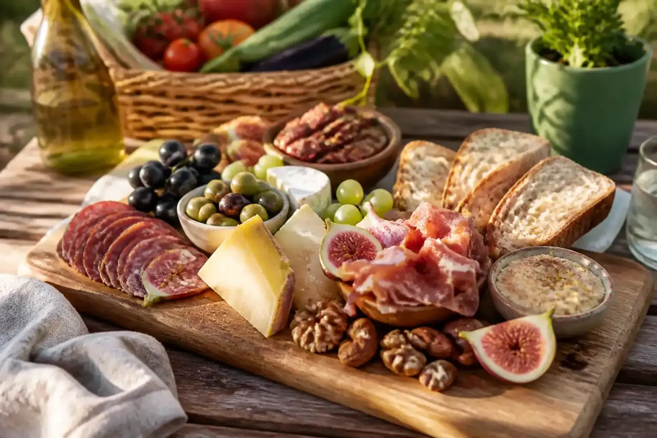 Grande table en bois avec planches apéritives, tapas colorés, olives et verres de vin, ambiance chaleureuse de fin de journée