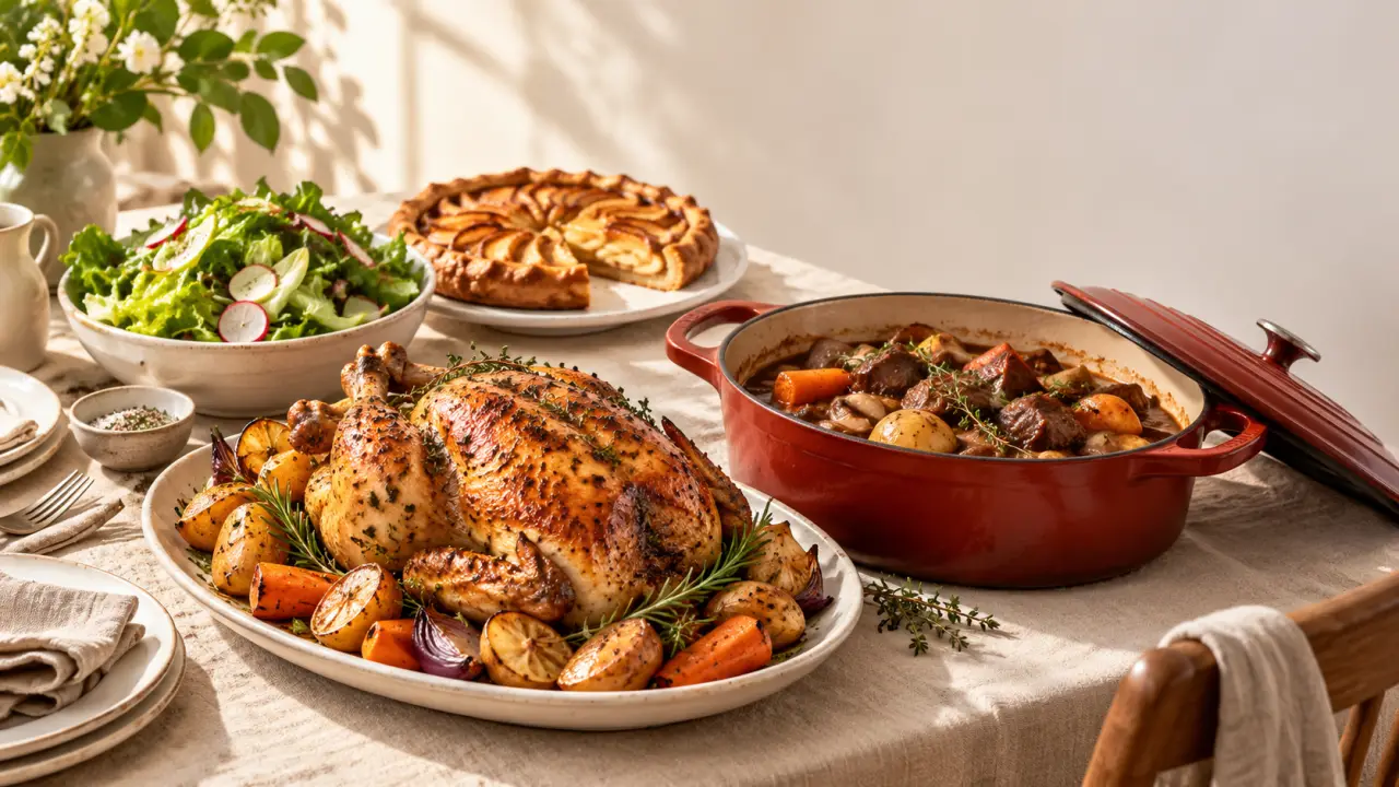 Repas pour dimanche midi convivial avec poulet rôti, légumes et dessert familial