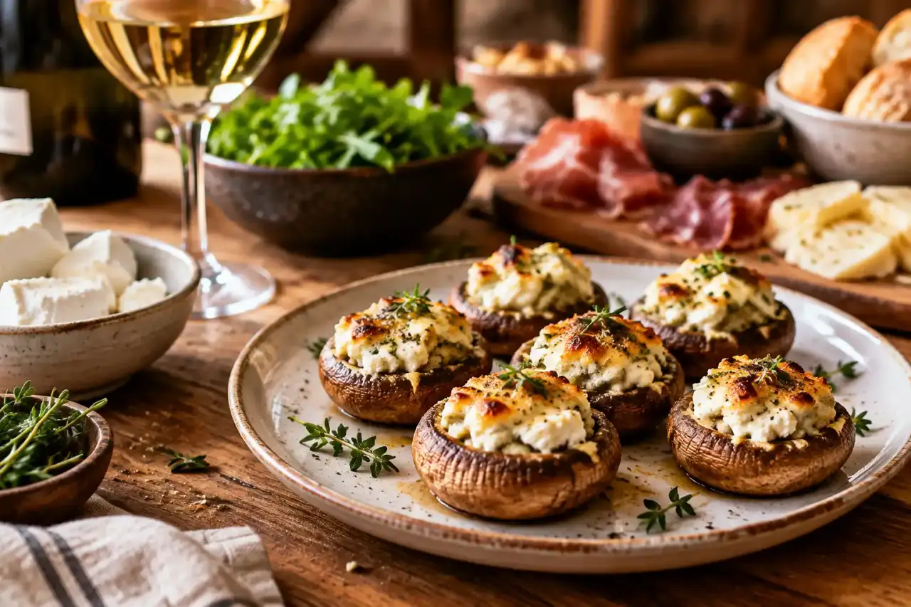 Champignons farcis au chèvre servis pour un apéritif convivial