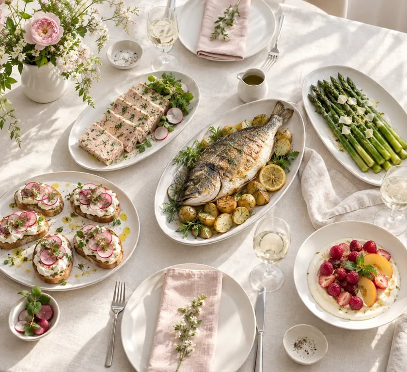 Idées de repas pour la fête des mères présentées sur une table printanière