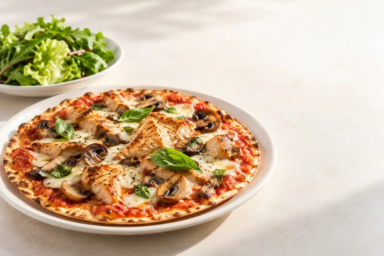 Pizza light au poulet, champignons et tomate sur une base croustillante