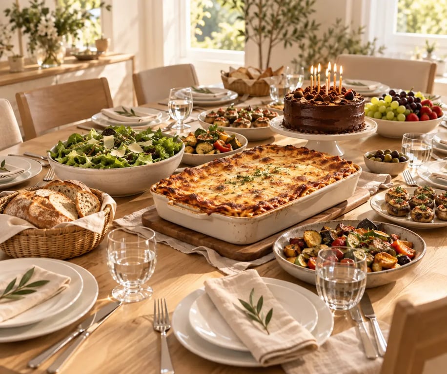 Repas d’anniversaire pour 10 personnes avec lasagnes, salade et gâteau au chocolat