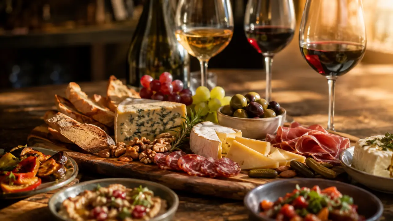 Planche apéritive généreuse avec fromages, charcuteries, olives et verres de vin