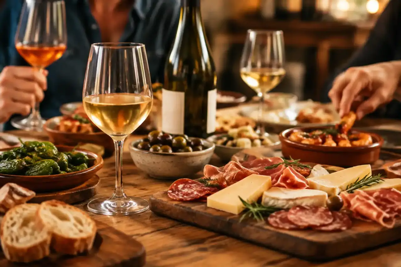 Table conviviale avec tapas, planches apéritives et verres de vin nature