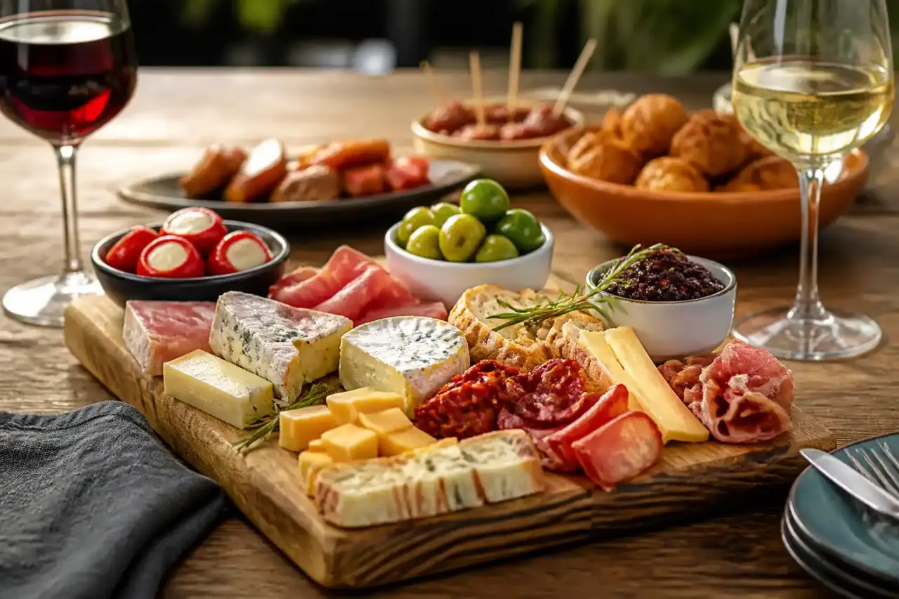 Planche apéro conviviale avec fromages, tapas colorés et verres de vin