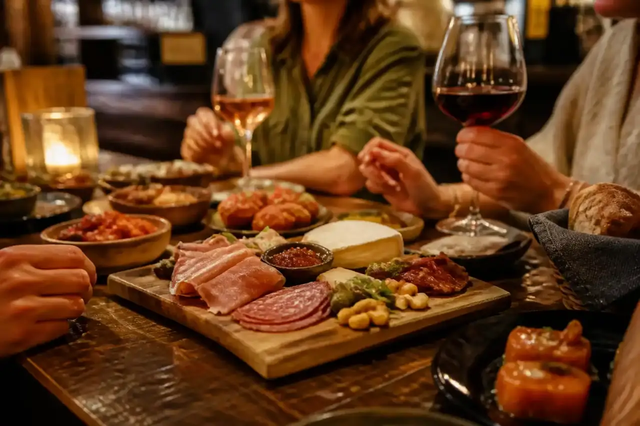 Table d'apéritif conviviale avec planches de fromages, charcuteries et tapas à La Picorerie