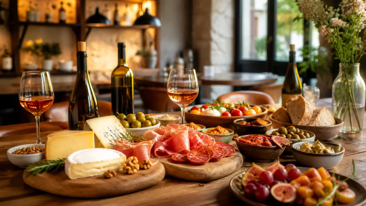 Grande table en bois avec planches apéritives, tapas maison et verres de vin