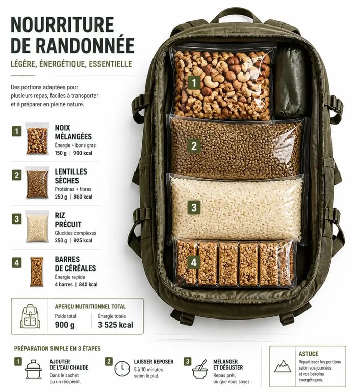Idées repas randonnée : organisation des portions dans le sac à dos