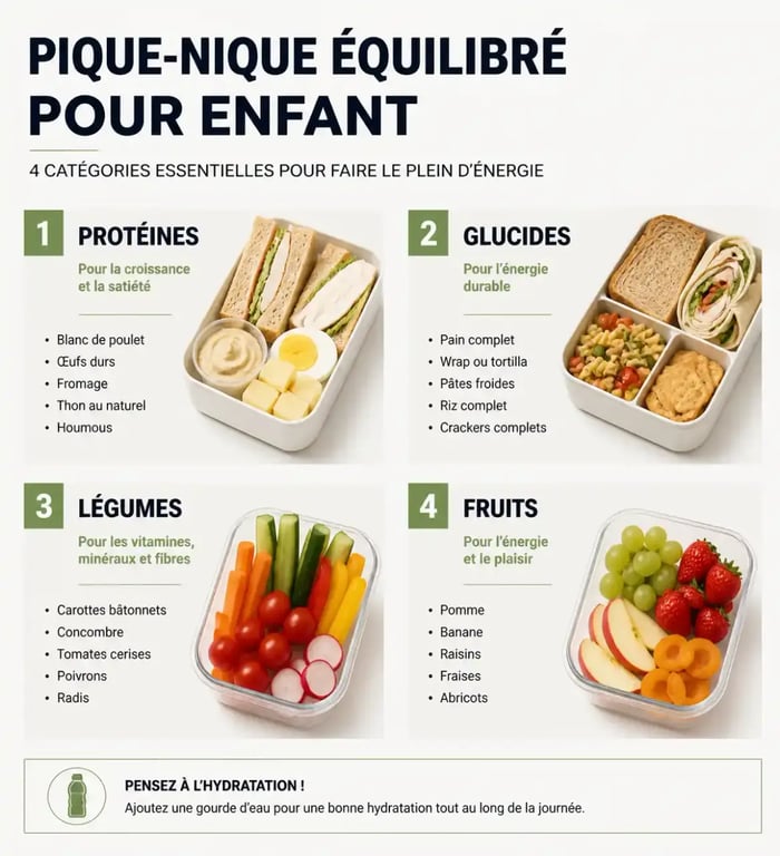 Infographie des catégories d'aliments pour un pique-nique enfant équilibré