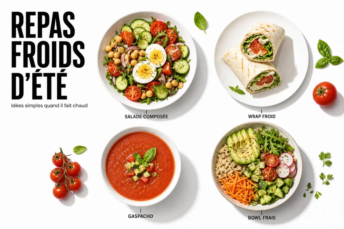 Idée repas canicule : table d’été avec salade composée, wrap froid et gaspacho