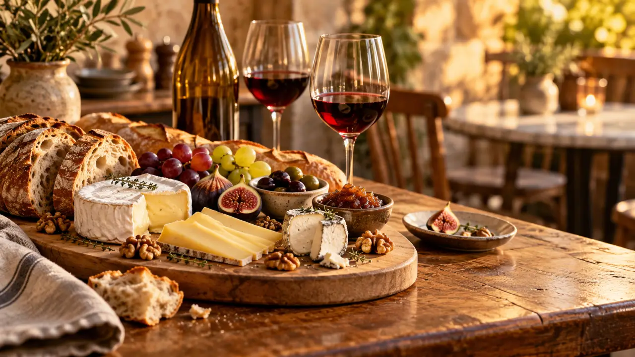 Planche apéritive composée de fromages, de pain et de verres de vin