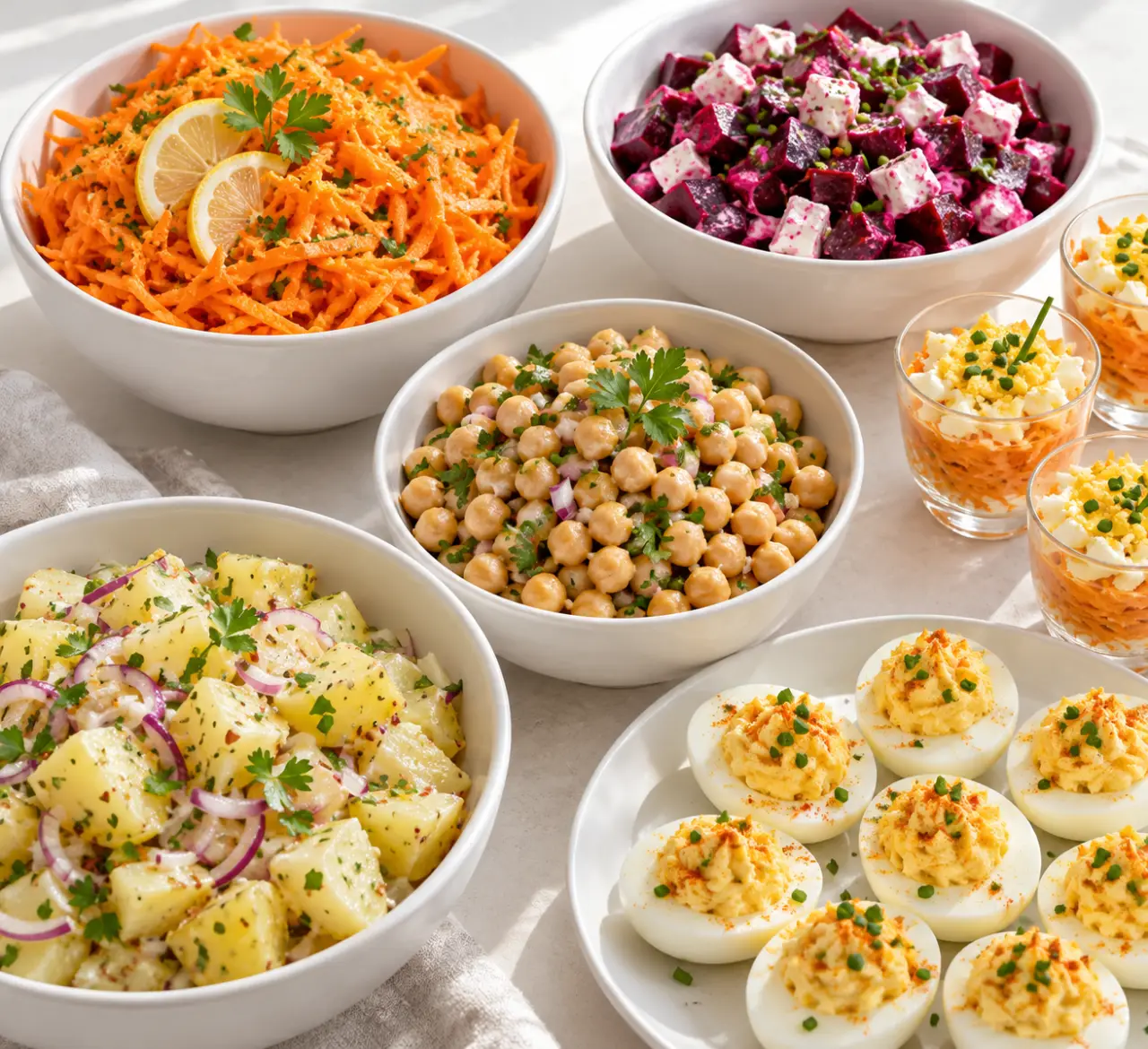 Entrées froides pas chères présentées sur un buffet avec carottes râpées, betteraves, pois chiches et œufs mimosa