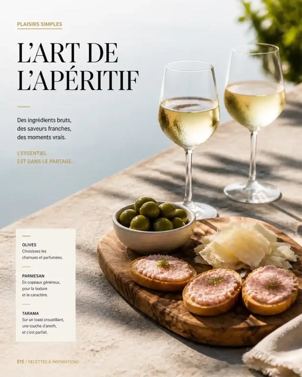 Vin blanc apéro servi frais avec planche d'olives et de tapas