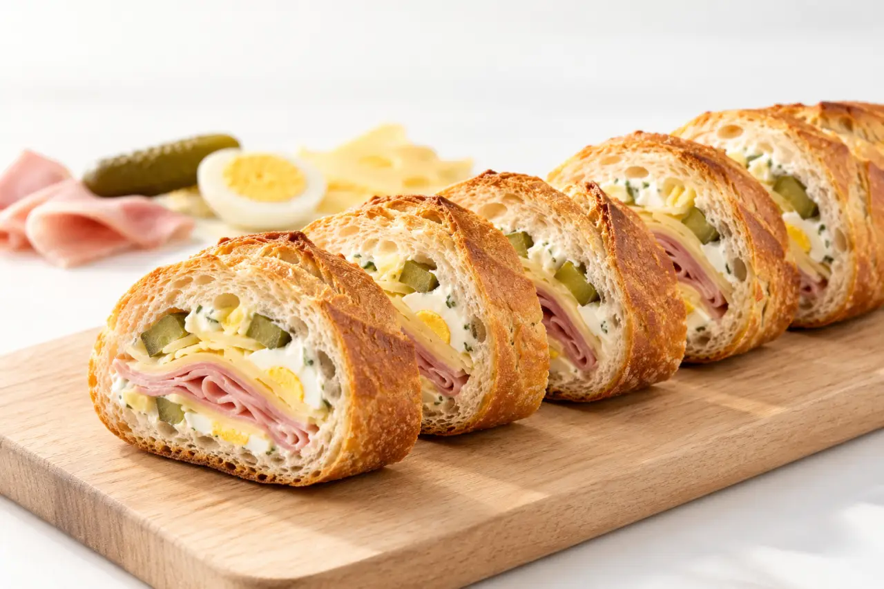 Baguette fourrée au jambon et au fromage découpée en rondelles pour l'apéritif