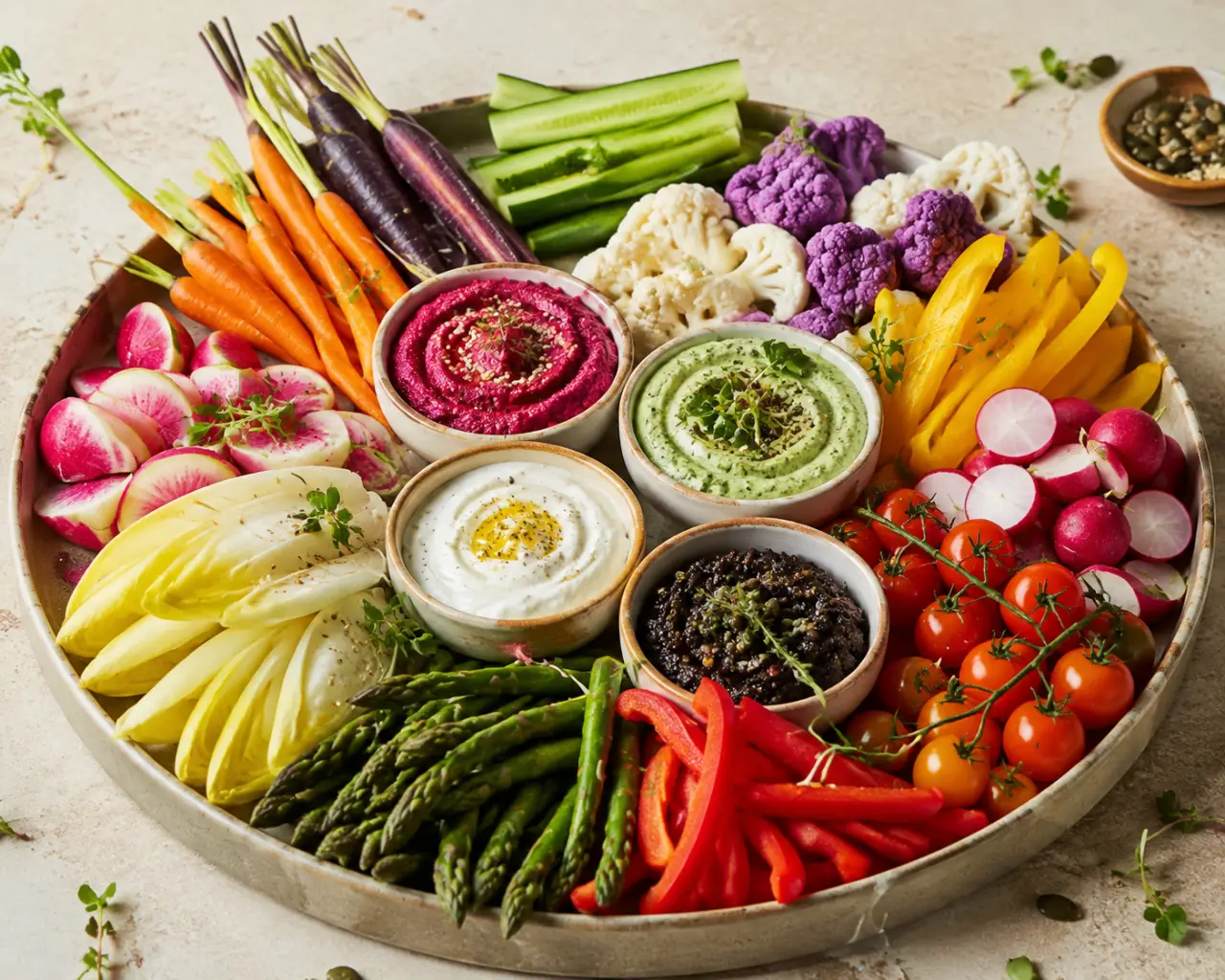 Plateau de crudités original : couleurs, sauces et dressage pour éviter un plat tristounet