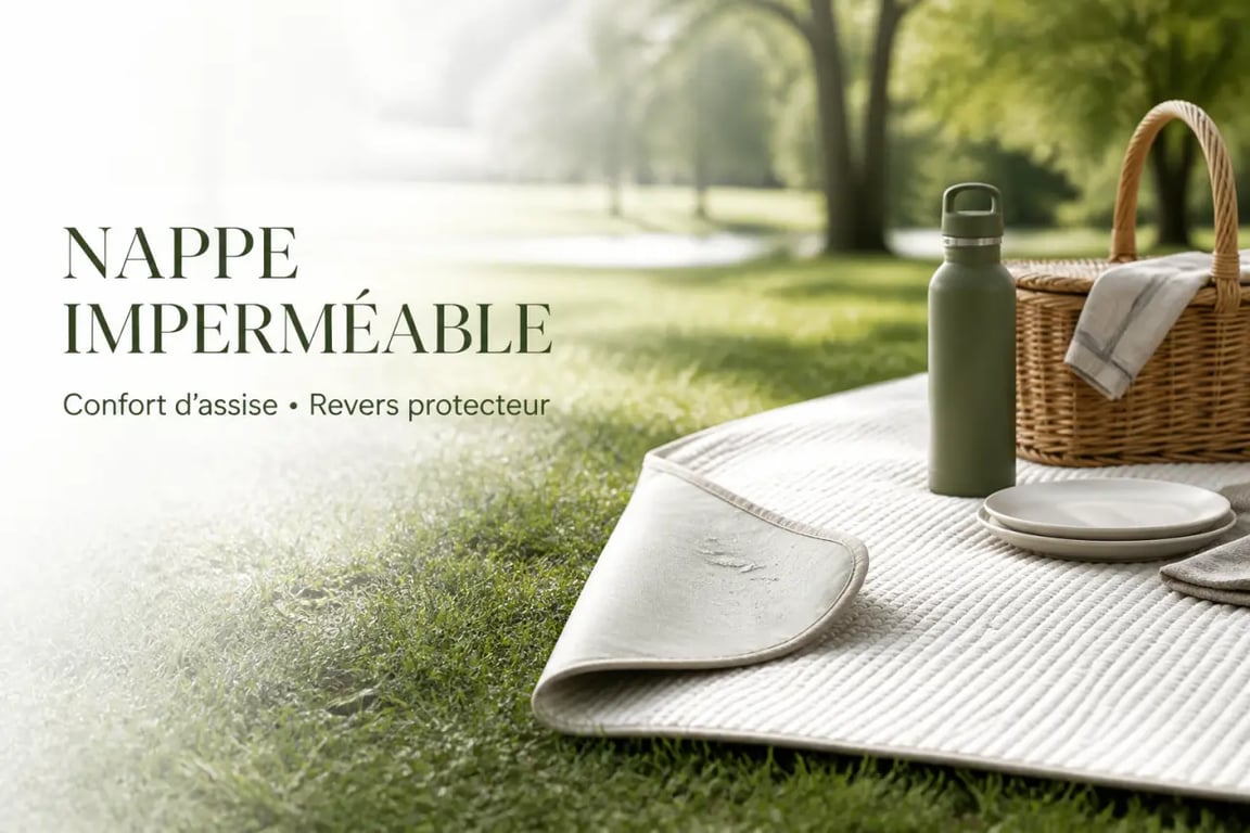 Nappe pour pique nique déployée dans un parc avec revers imperméable et repas installé