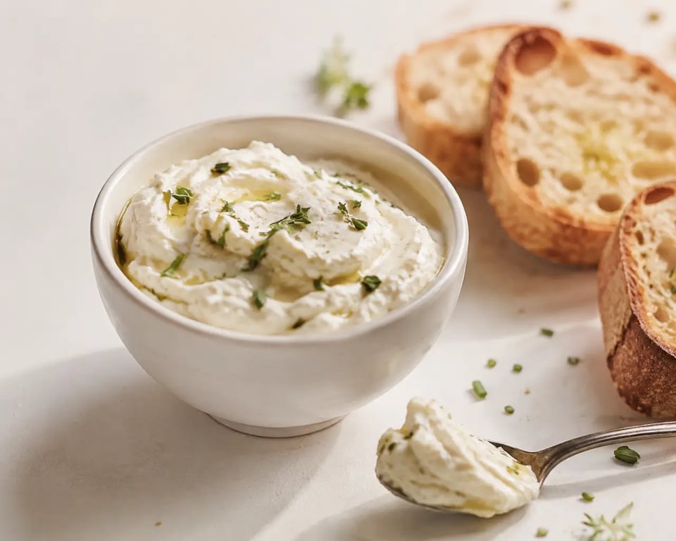 Recette fromage frais crémeux dans un bol blanc avec herbes et pain grillé