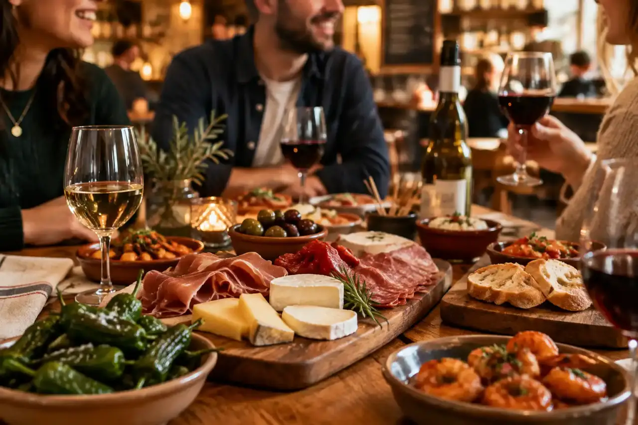 Une grande table en bois conviviale garnie de planches de fromages, charcuteries et tapas colorés