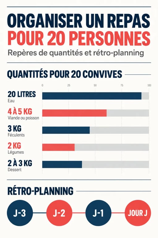 Infographie des quantités et du rétro-planning pour un repas 20 personnes
