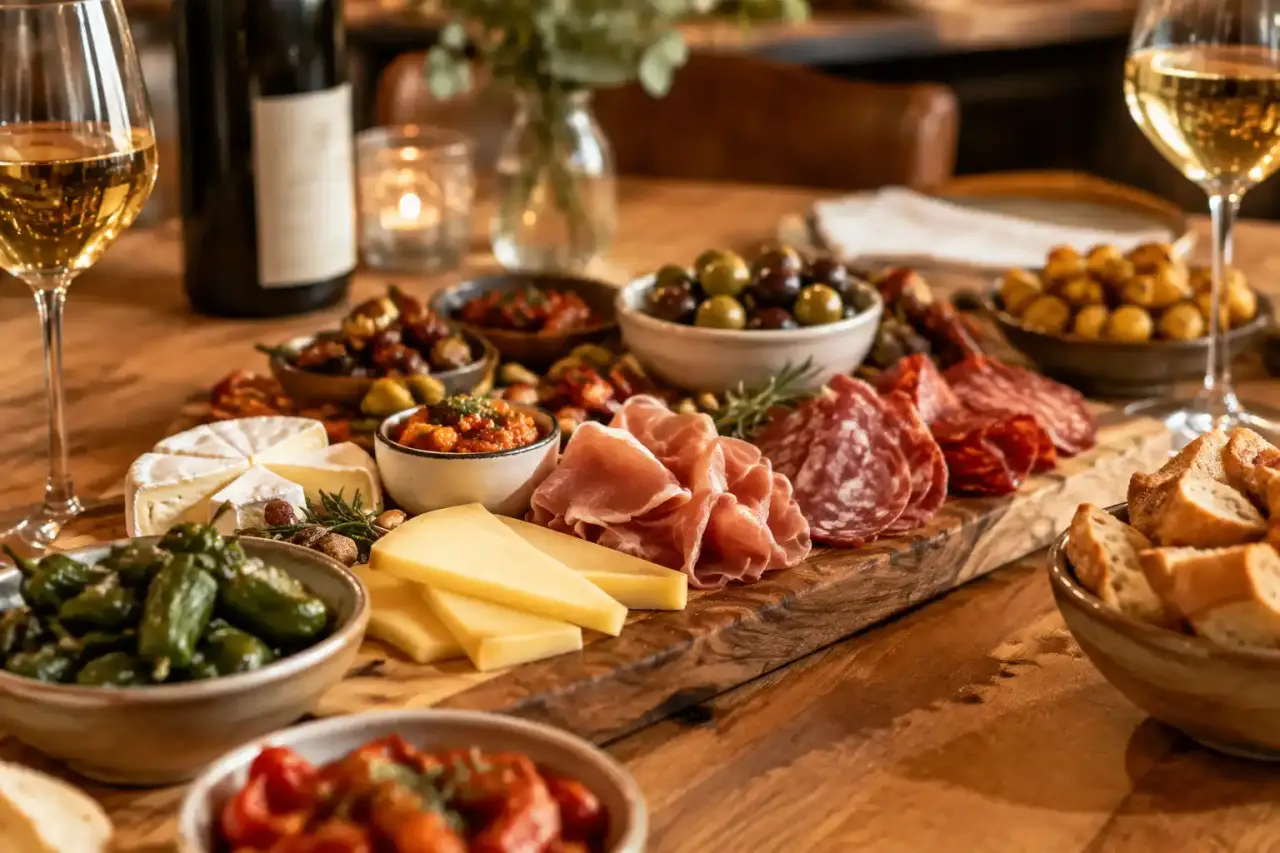 Planche apéritive composée de fromages, charcuteries, pain, olives et tapas colorés