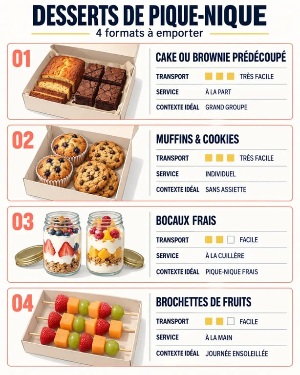 Infographie des desserts de pique-nique selon leur transport et leur mode de service