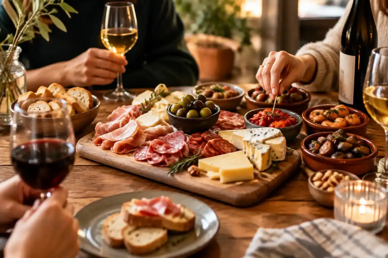 Planche apéritive garnie de fromages, charcuteries, légumes et verres de vin