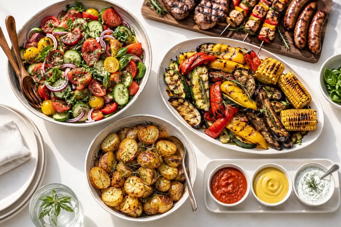 Idée accompagnement barbecue avec salade fraîche, légumes grillés, pommes de terre et sauces