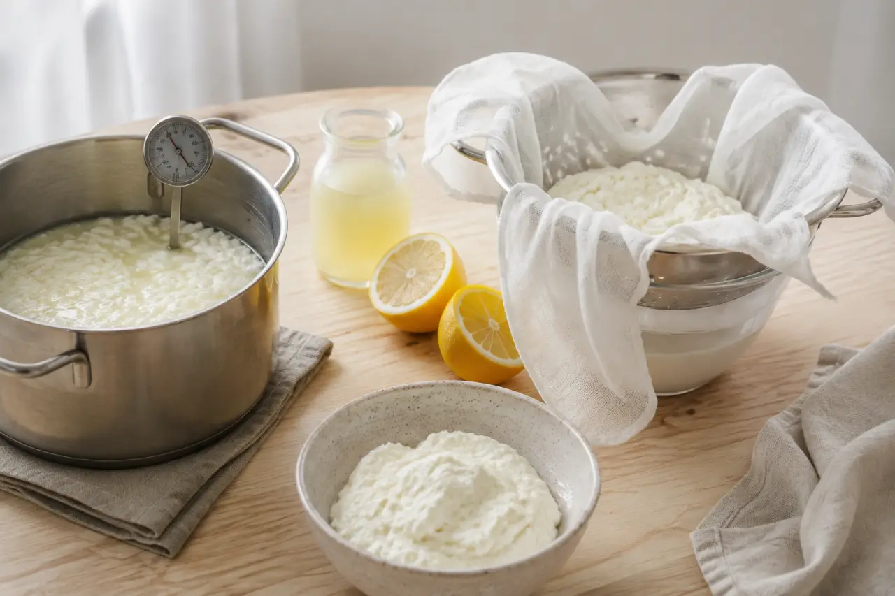 Fromage frais maison à 80°C : citron, égouttage et texture crémeuse
