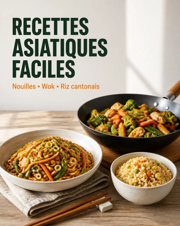 Recettes asiatiques faciles avec un assortiment de plats au wok, riz cantonais et nouilles sautées