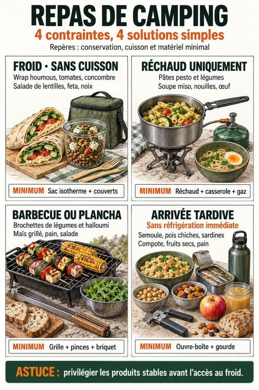 Idée repas camping selon le matériel disponible et le niveau de cuisson