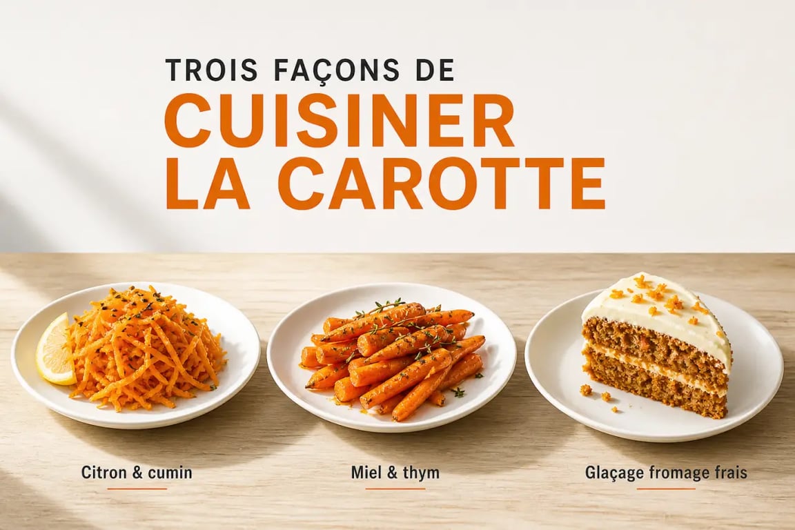 Recettes avec des carottes : salade, carottes rôties et carrot cake sur table claire