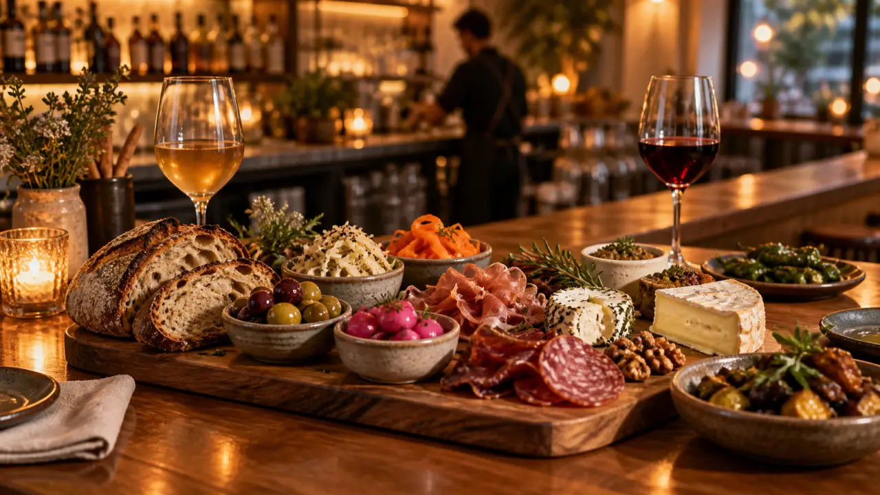 Planche apéritive composée de fromages, légumes fermentés, charcuteries et verres de vin
