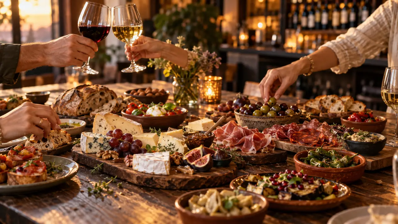 Grande planche apéritive composée de fromages, charcuteries, tapas et verres de vin