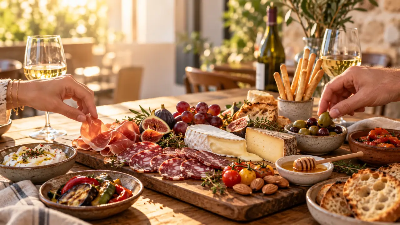 Planche apéritive généreuse avec fromages, charcuteries, olives, pain et verres de vin