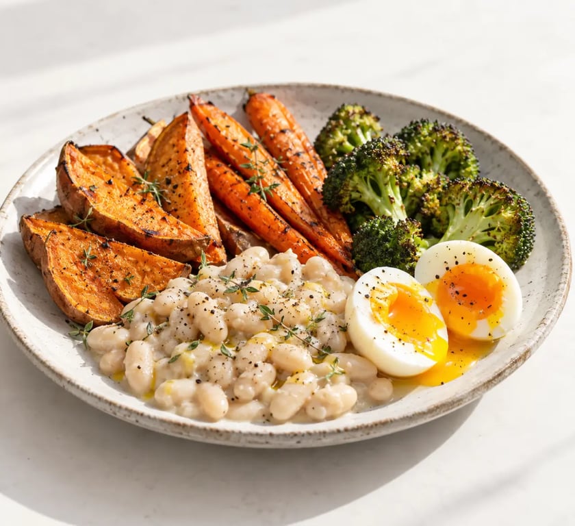 Recettes saines faciles : légumes rôtis, haricots blancs et œuf