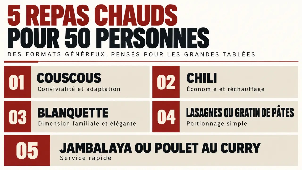 Idées de repas chaud pour 50 personnes : couscous, chili, blanquette, lasagnes et jambalaya