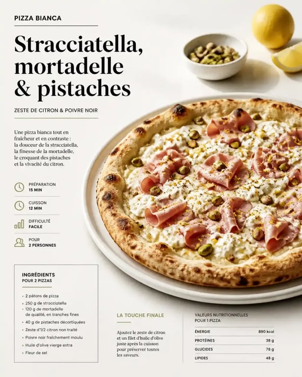 Idee per pizze : pizza bianca gourmande à la stracciatella, mortadelle et pistaches