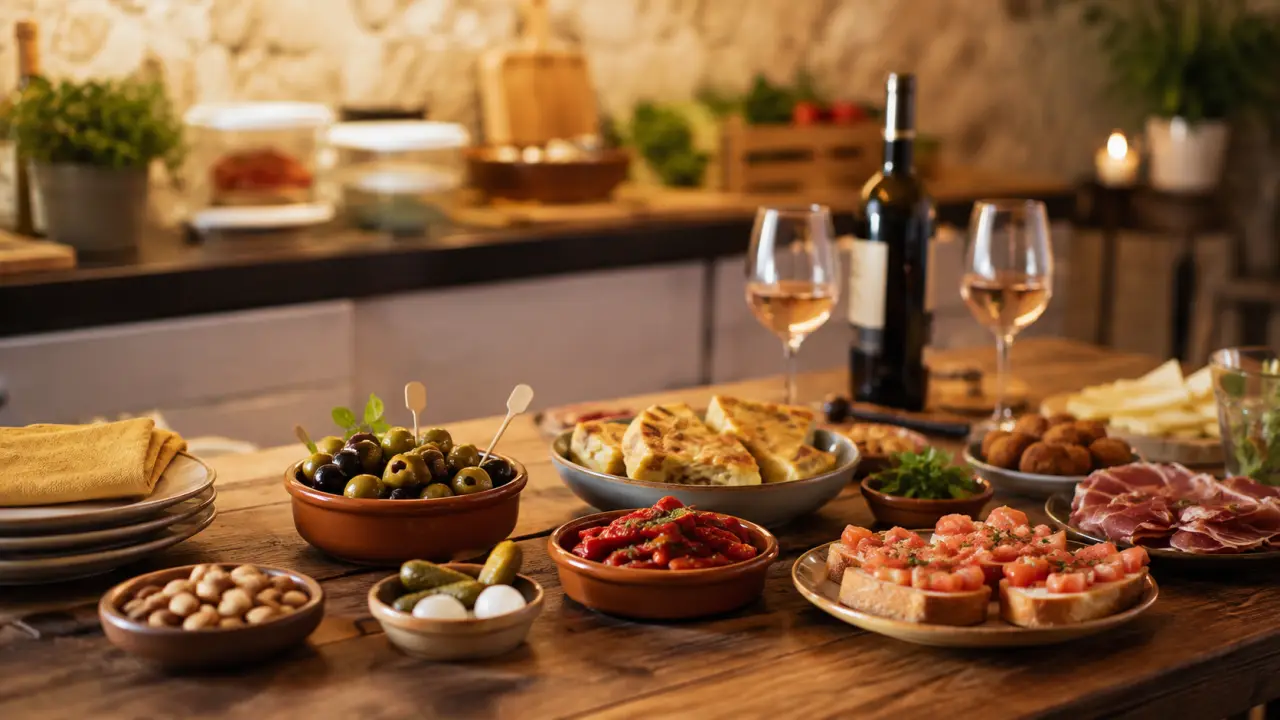 Table conviviale de tapas maison préparés pour un apéritif partagé