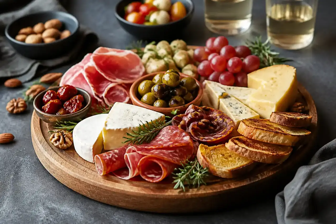 Grande table conviviale avec planches de fromages, tapas colorés, olives et verres de vin