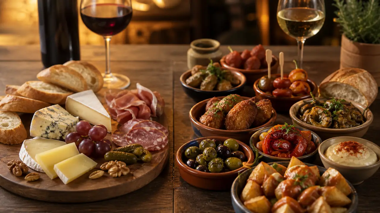 Table conviviale couverte de planches apéritives, tapas maison et verres à partager