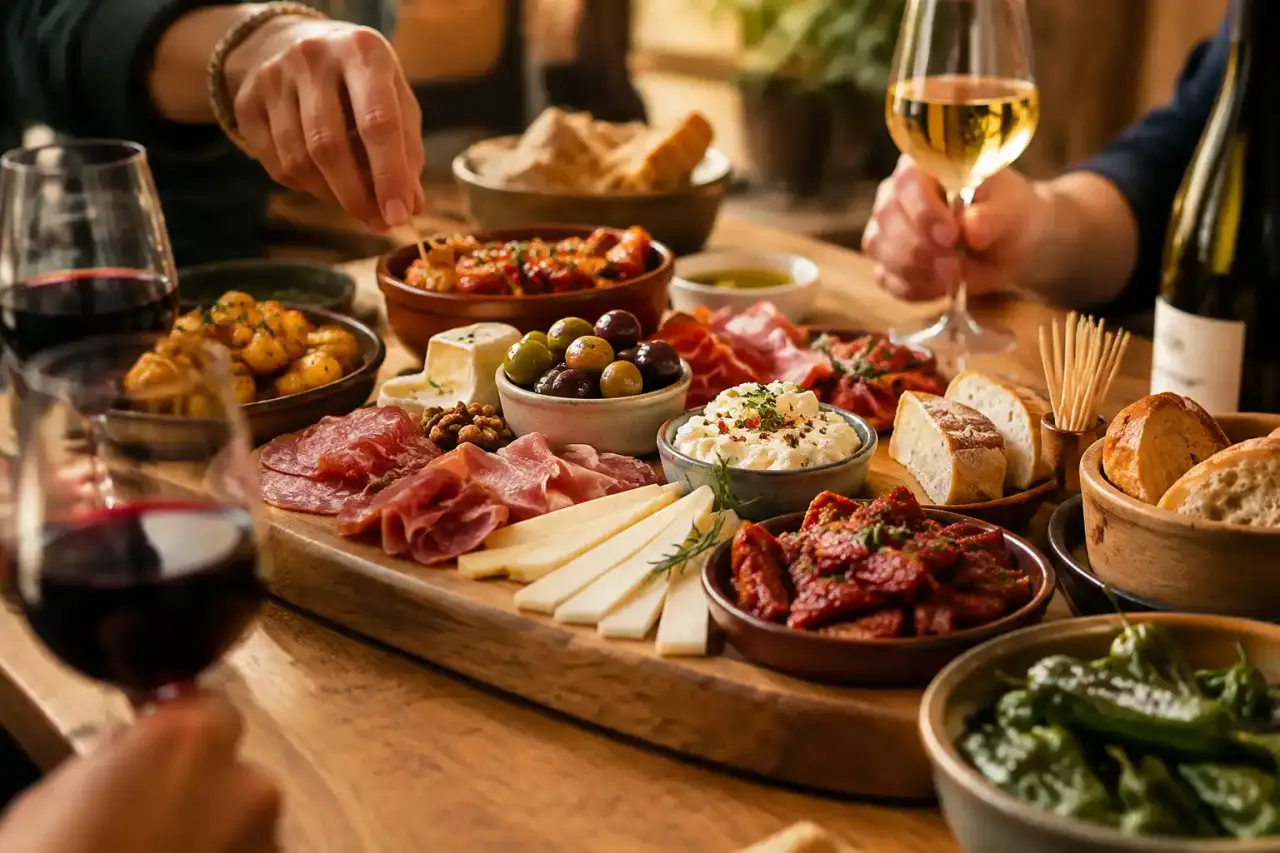 Planche apéritive généreuse avec fromages, charcuteries, olives et verres de vin