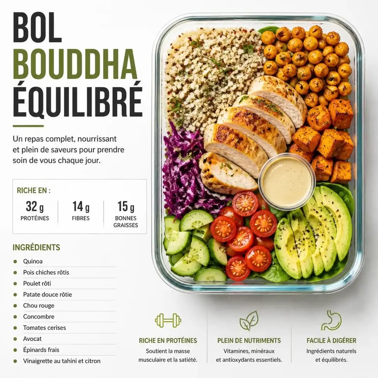 Idées repas froids à emporter : un Buddha bowl équilibré et coloré dans une lunch box en verre