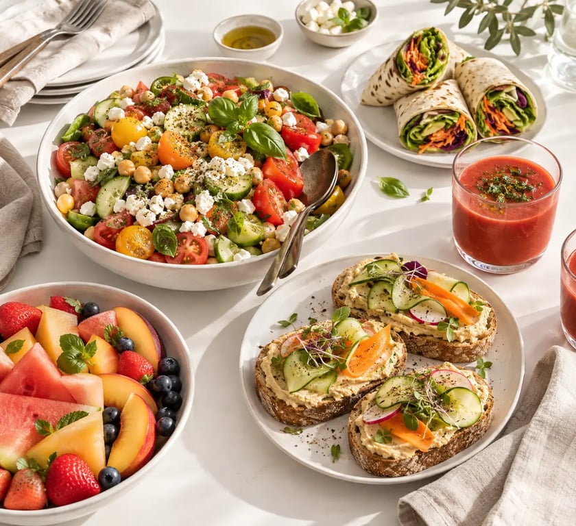 Assortiment de plats sans cuisson estivaux avec salade, tartines, wraps et gaspacho