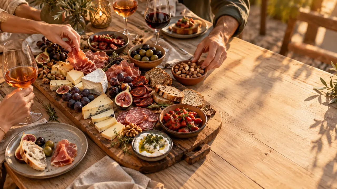 Planche apéritive généreuse composée de fromages, charcuteries, légumes et tapas