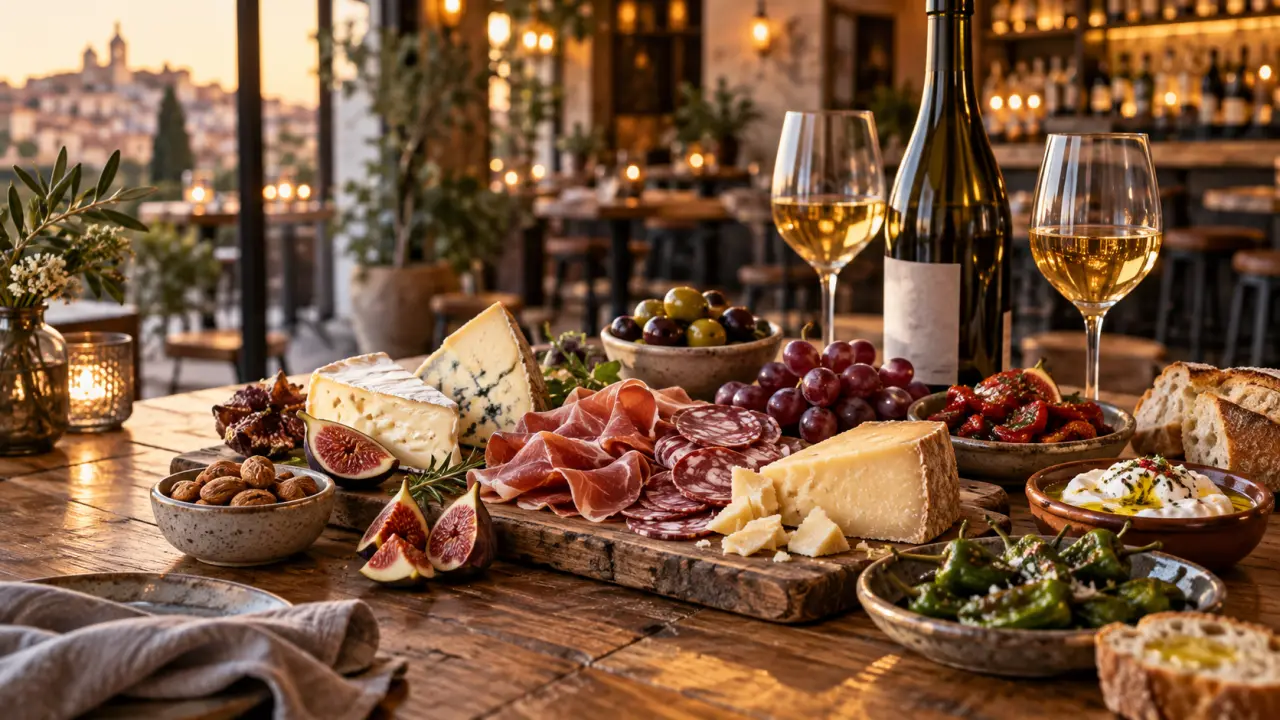 Planche apéritive garnie de fromages, charcuteries, pain et verres de vin