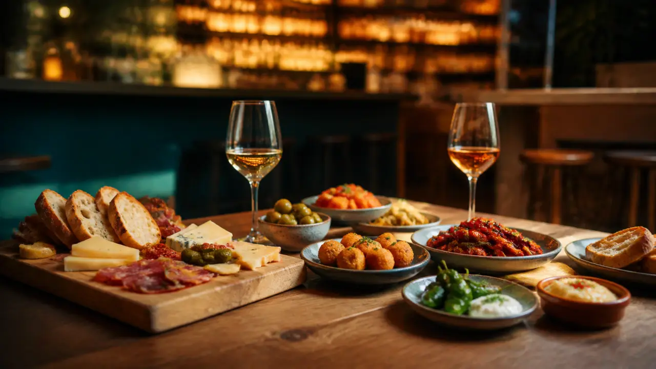Grande table en bois garnie de tapas, planches apéritives et verres de vin dans une ambiance chaleureuse