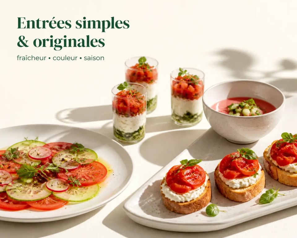 Recettes entrées simples et originales présentées en assortiment sur une table élégante