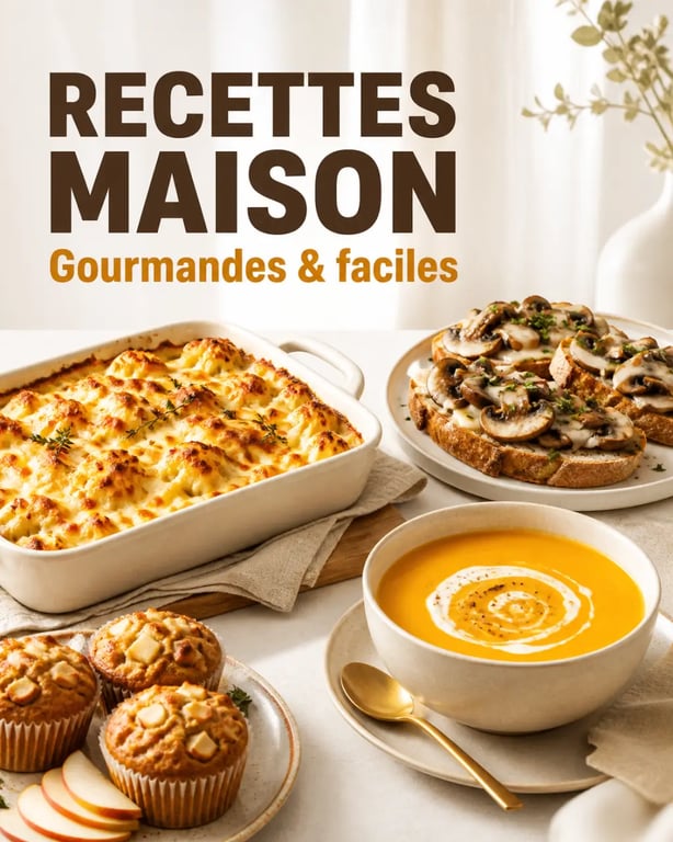 Recettes gourmandes et faciles : assortiment de plats maison salés et sucrés sur une table chaleureuse